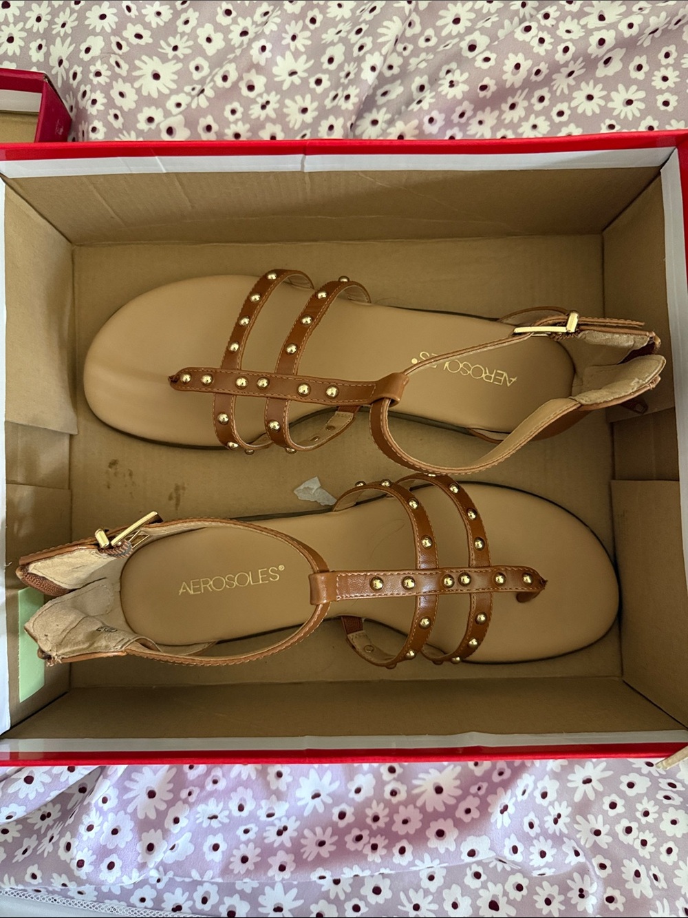 AEROSOLES Tan Studded T-Strap Sandals